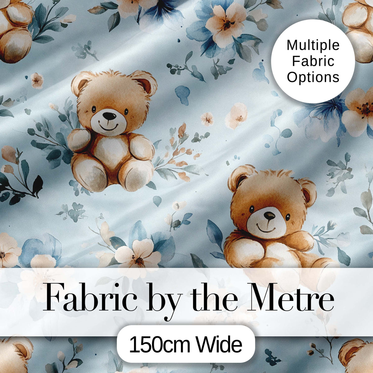 Cute Teddy Bears with Blue Floral Background Seamless Pattern Digital Print Fabric by the Metre UK Sewing Quilting Textile