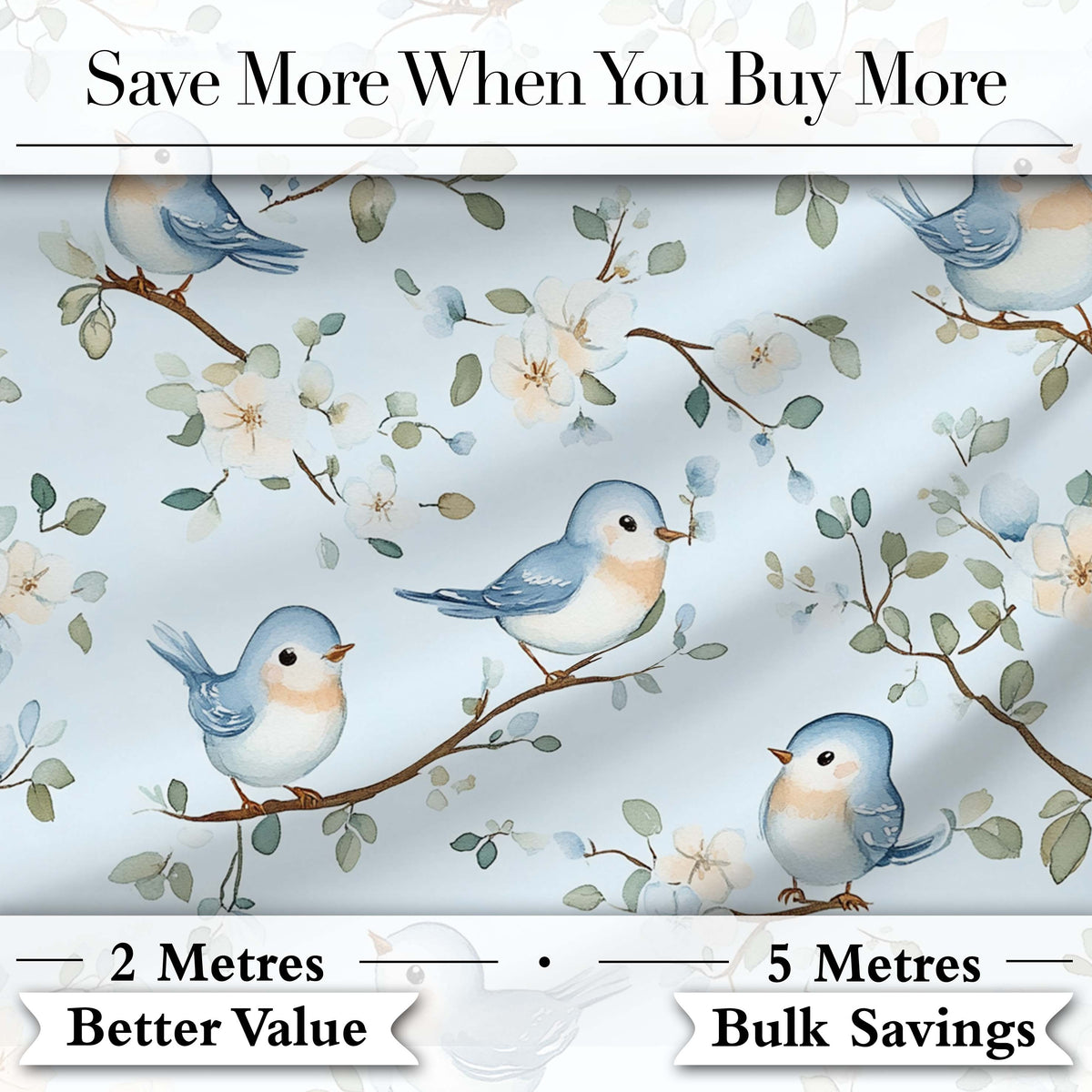 Cute Blue Birds on Floral Branches Soft Background Seamless Pattern Digital Print Fabric by the Metre UK Sewing Quilting Textile