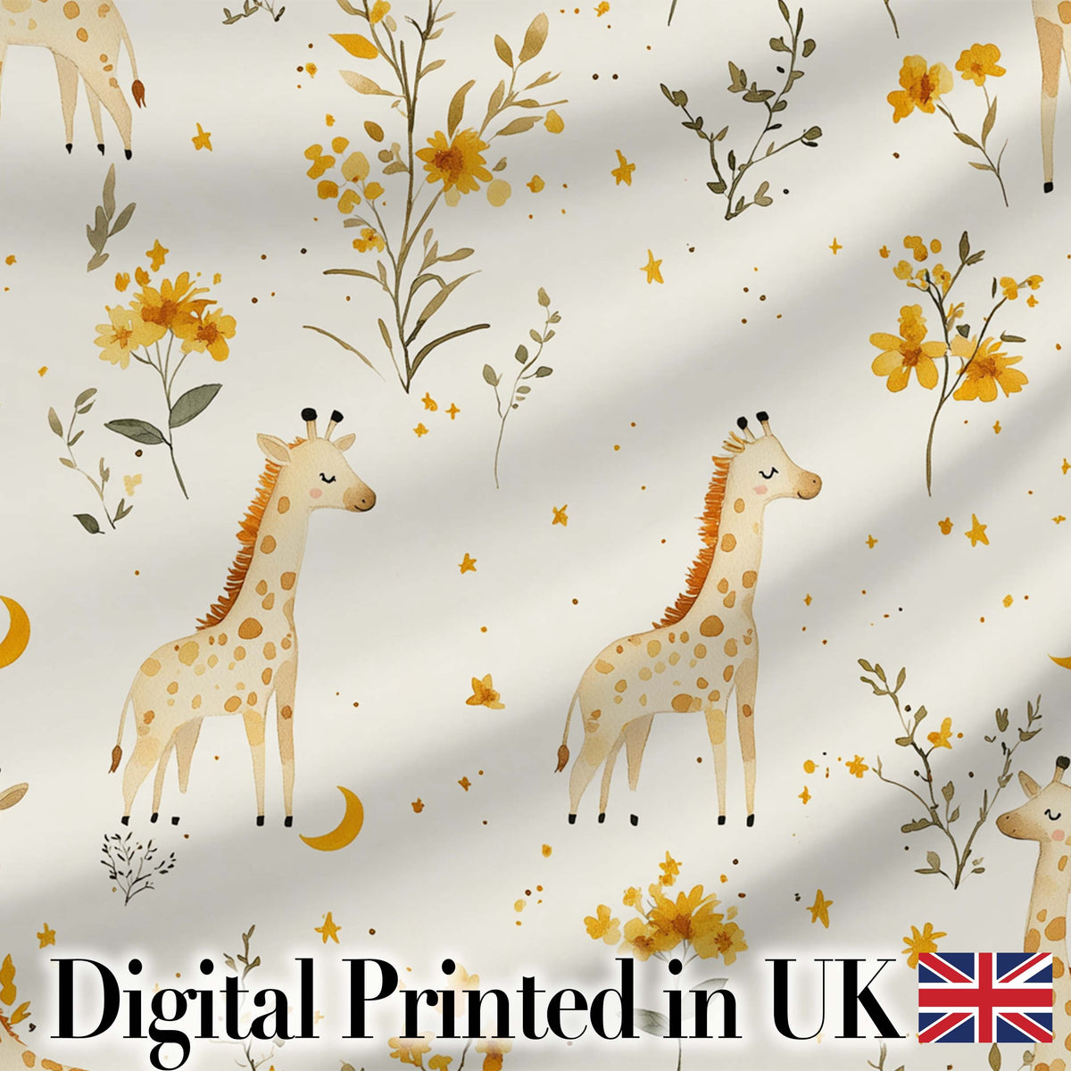 Cute Baby Giraffes with Yellow Floral Elements Seamless Pattern Digital Print Fabric by the Metre UK Sewing Quilting Textile