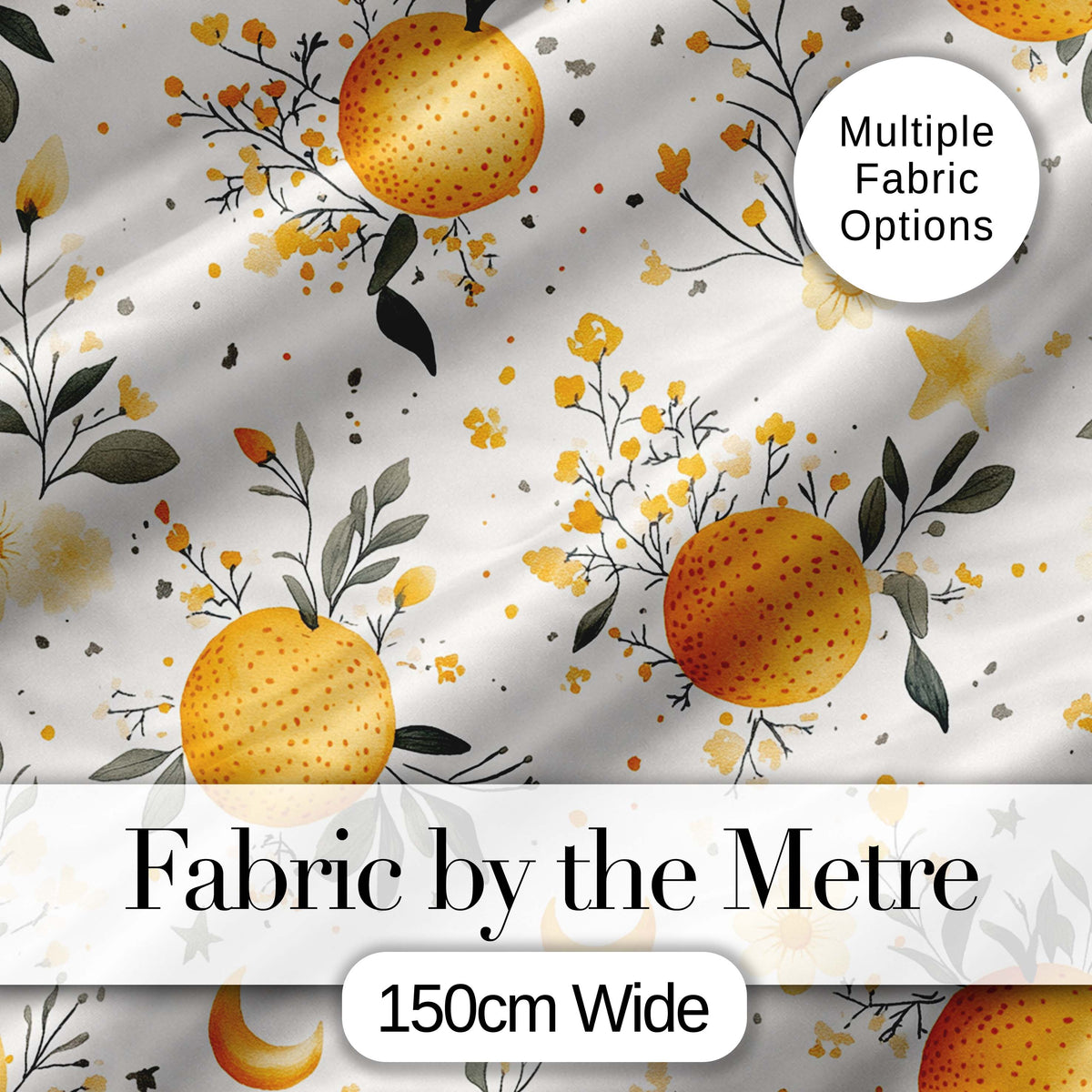 Fresh Oranges with Delicate Floral Botanical Pattern Seamless Digital Print Fabric by the Metre UK Sewing Quilting Textile
