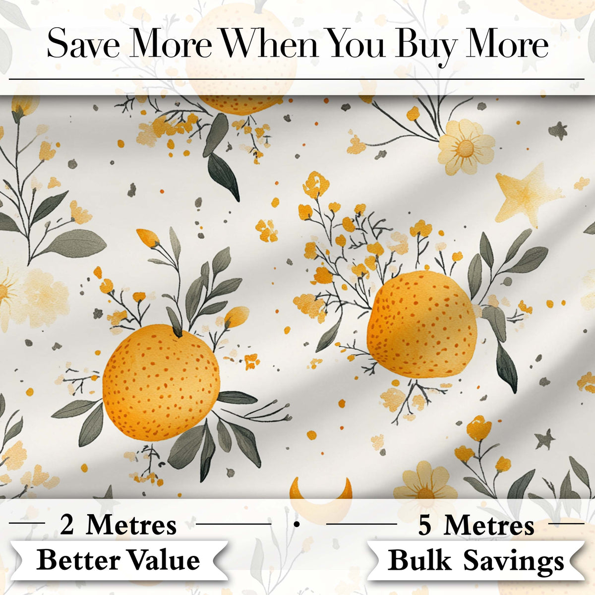 Fresh Oranges with Delicate Floral Botanical Pattern Seamless Digital Print Fabric by the Metre UK Sewing Quilting Textile