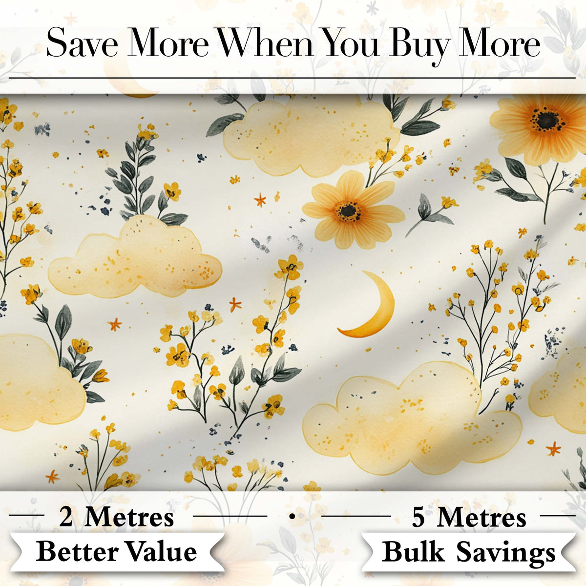Soft Yellow Clouds Moon and Floral Dream Pattern Seamless Design Digital Print Fabric by the Metre UK Sewing Quilting Textile