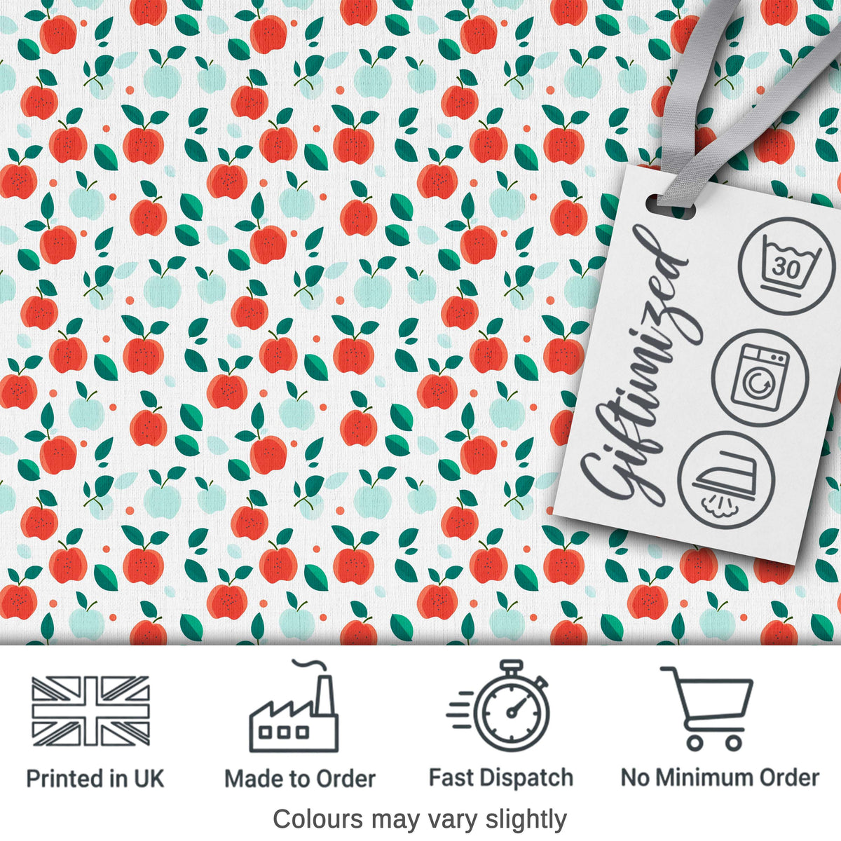 Modern Red and Teal Apples with Leaves Seamless Pattern Digital Print Fabric by the Metre UK Sewing Quilting Textile