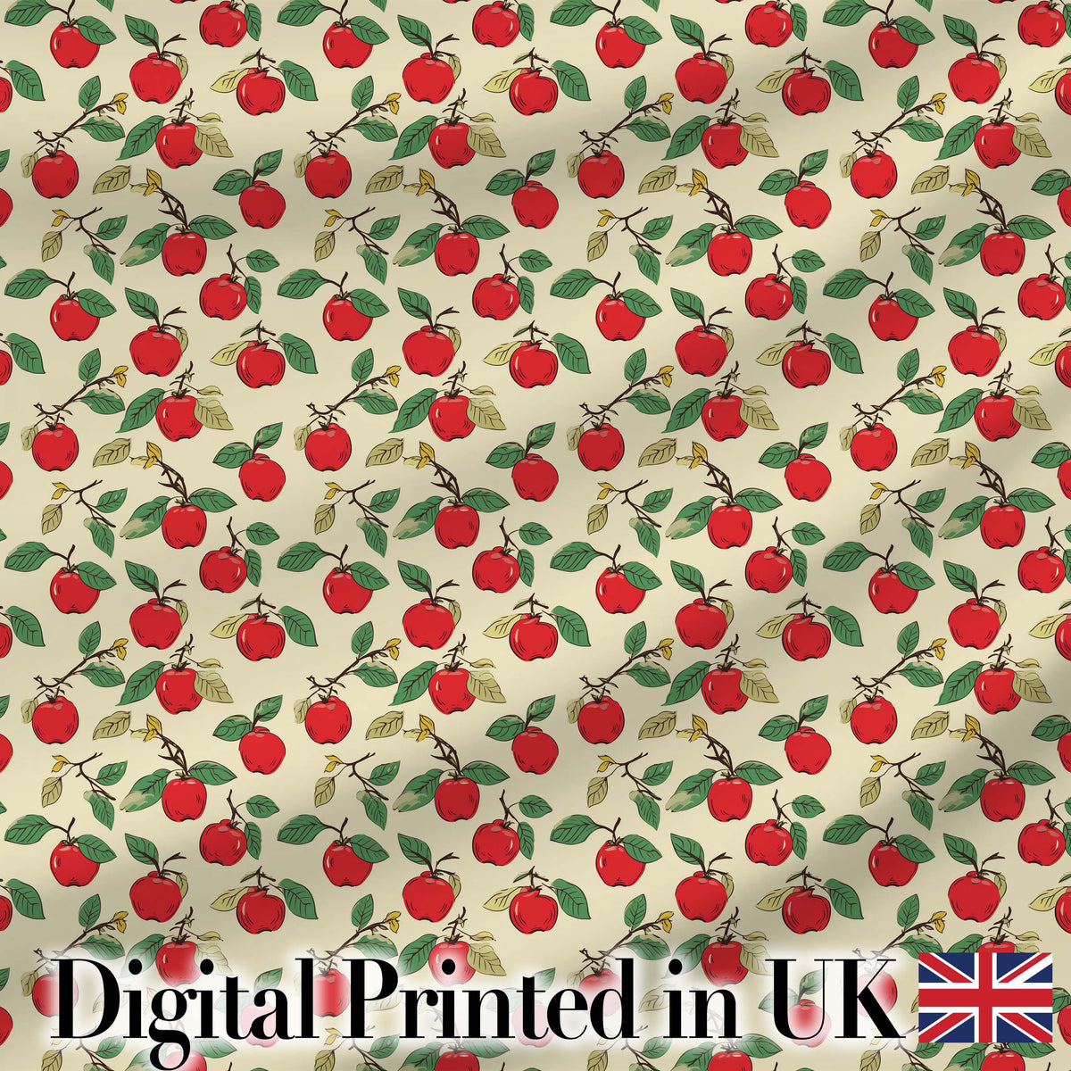 Vintage Red Apples on Branches with Leaves Seamless Pattern Digital Print Fabric by the Metre UK Sewing Quilting Textile