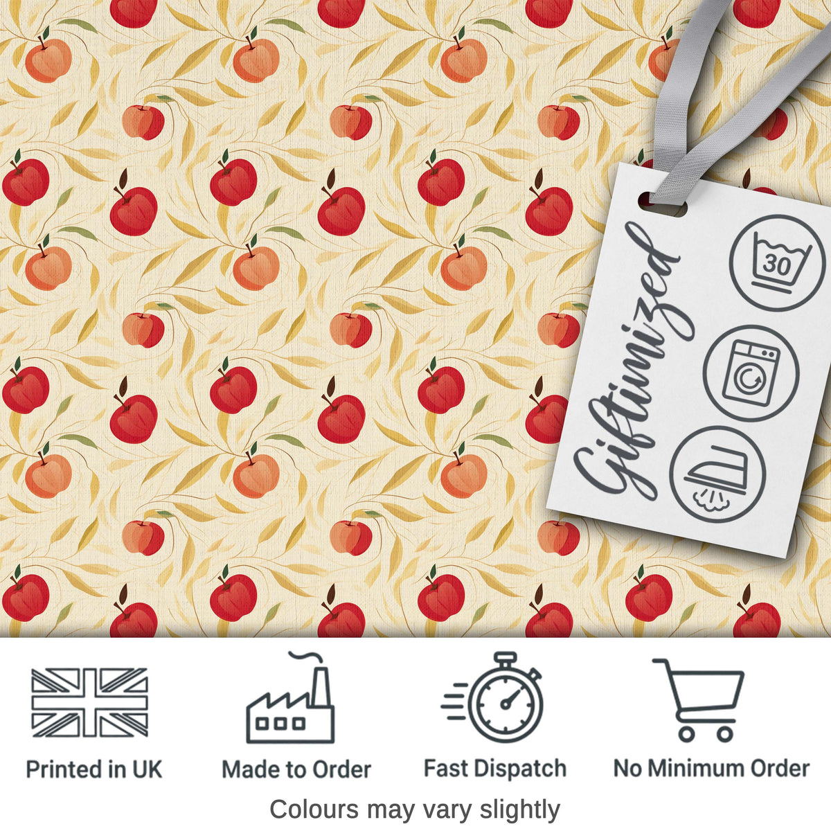 Stylized Apples with Flowing Leaves on Cream Background Seamless Pattern Digital Print Fabric by the Metre UK Sewing Quilting Textile