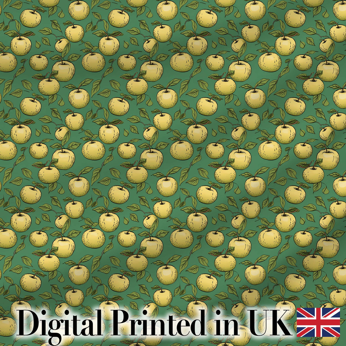 Vintage Yellow Apples with Leaves on Green Background Seamless Pattern Digital Print Fabric by the Metre UK Sewing Quilting Textile