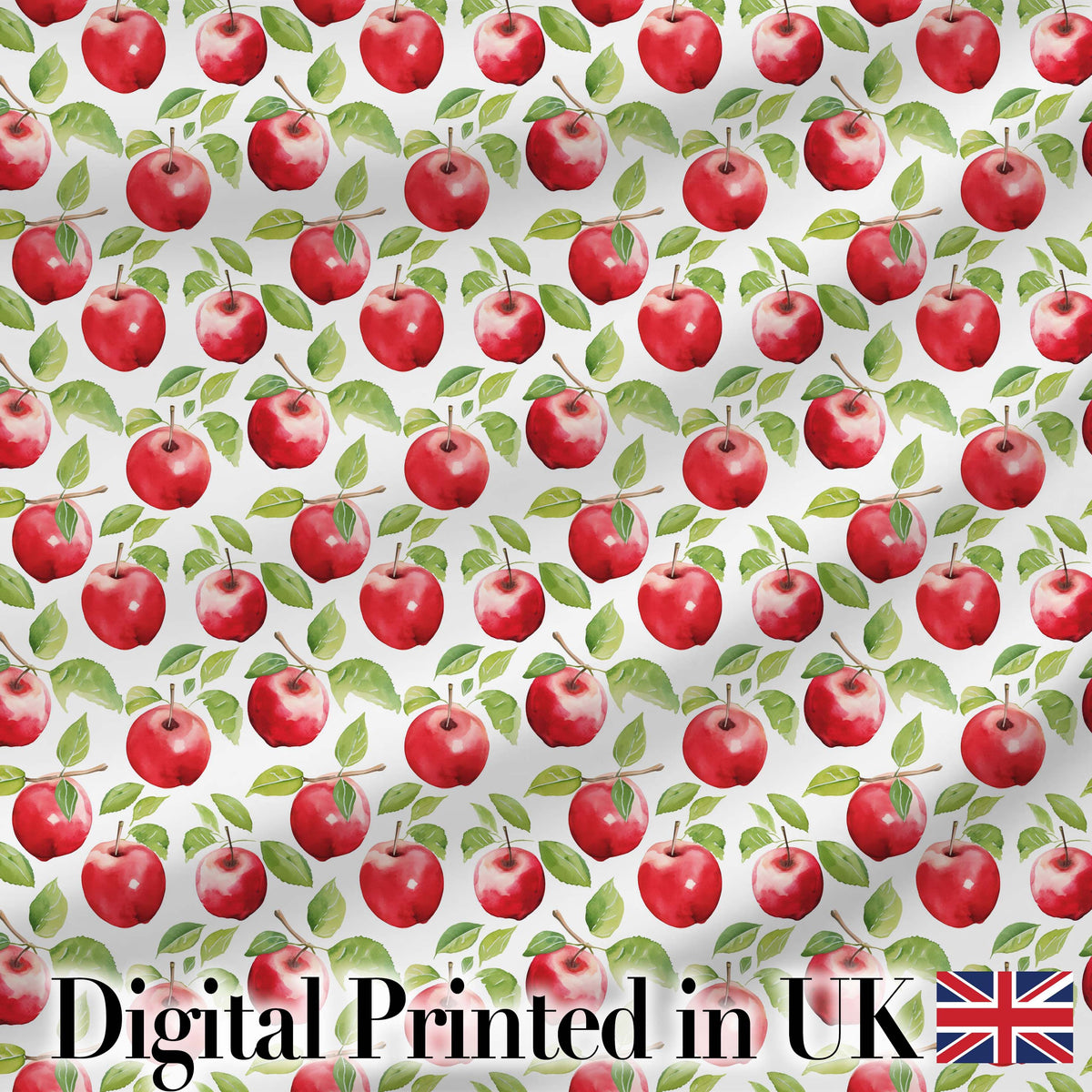 Watercolor Red Apples with Green Leaves Seamless Pattern Digital Print Fabric by the Metre UK Sewing Quilting Textile