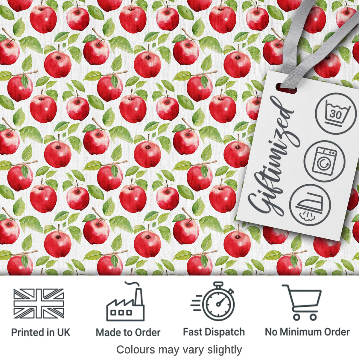 Watercolor Red Apples with Green Leaves Seamless Pattern Digital Print Fabric by the Metre UK Sewing Quilting Textile