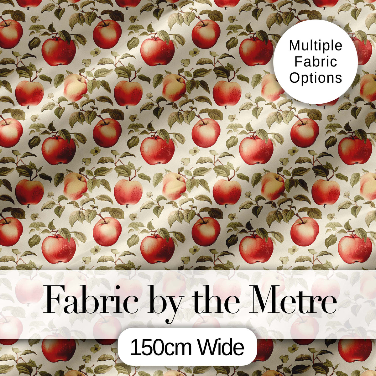 Vintage Red Apples with Detailed Leaves Botanical Seamless Pattern Digital Print Fabric by the Metre UK Sewing Quilting Textile