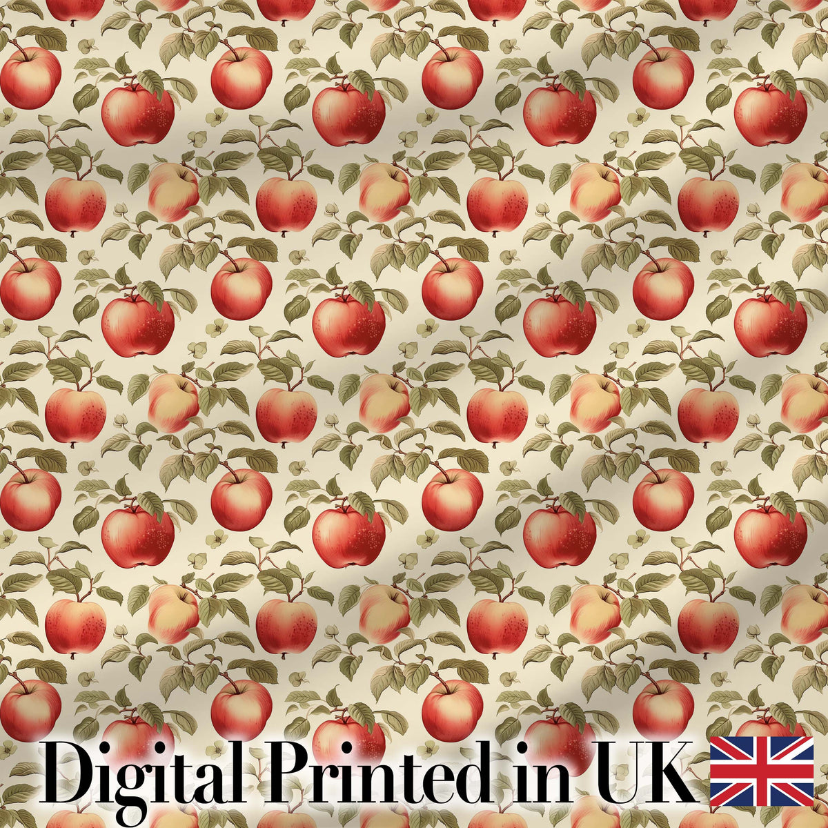 Vintage Red Apples with Detailed Leaves Botanical Seamless Pattern Digital Print Fabric by the Metre UK Sewing Quilting Textile