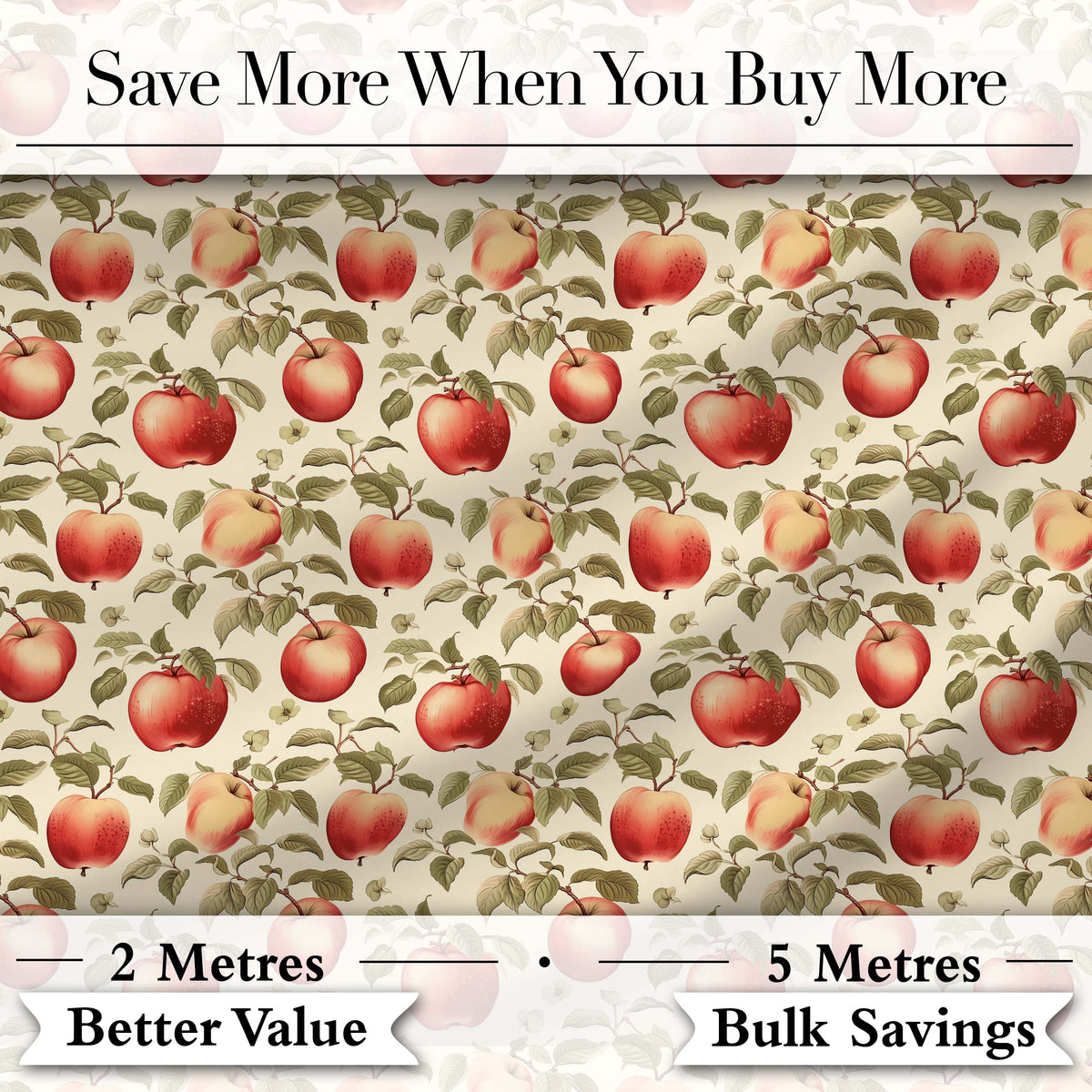 Vintage Red Apples with Detailed Leaves Botanical Seamless Pattern Digital Print Fabric by the Metre UK Sewing Quilting Textile