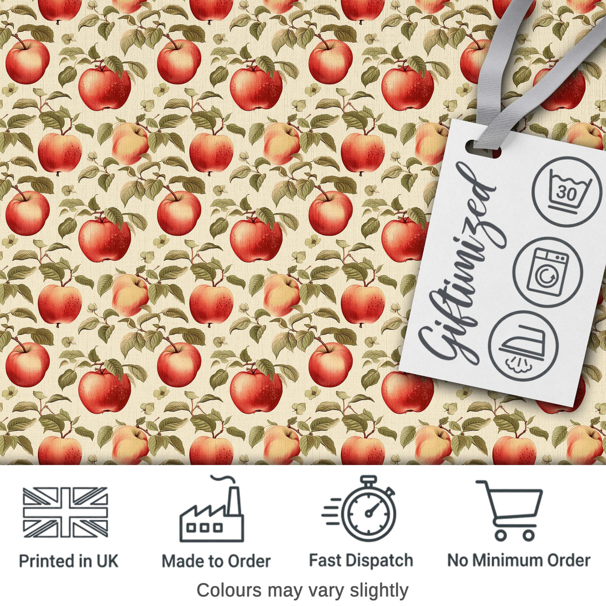 Vintage Red Apples with Detailed Leaves Botanical Seamless Pattern Digital Print Fabric by the Metre UK Sewing Quilting Textile