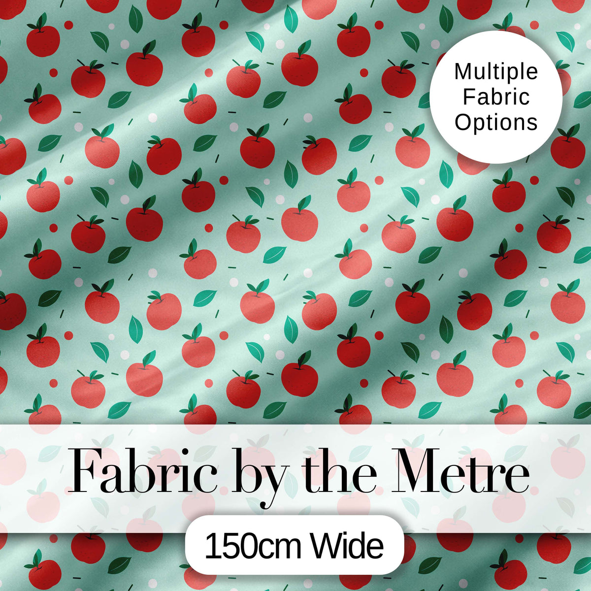 Modern Red Apples with Leaves on Mint Background Seamless Pattern Digital Print Fabric by the Metre UK Sewing Quilting Textile