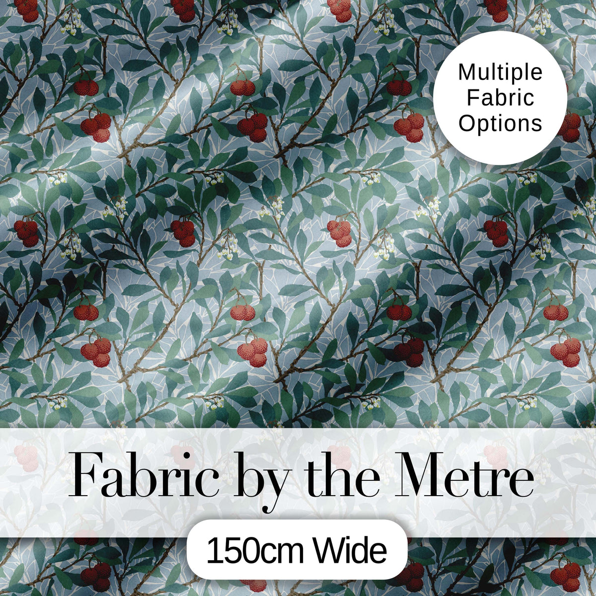 Botanical Branches with Red Berries and Leaves Seamless Pattern Digital Print Fabric by the Metre UK Sewing Quilting Textile