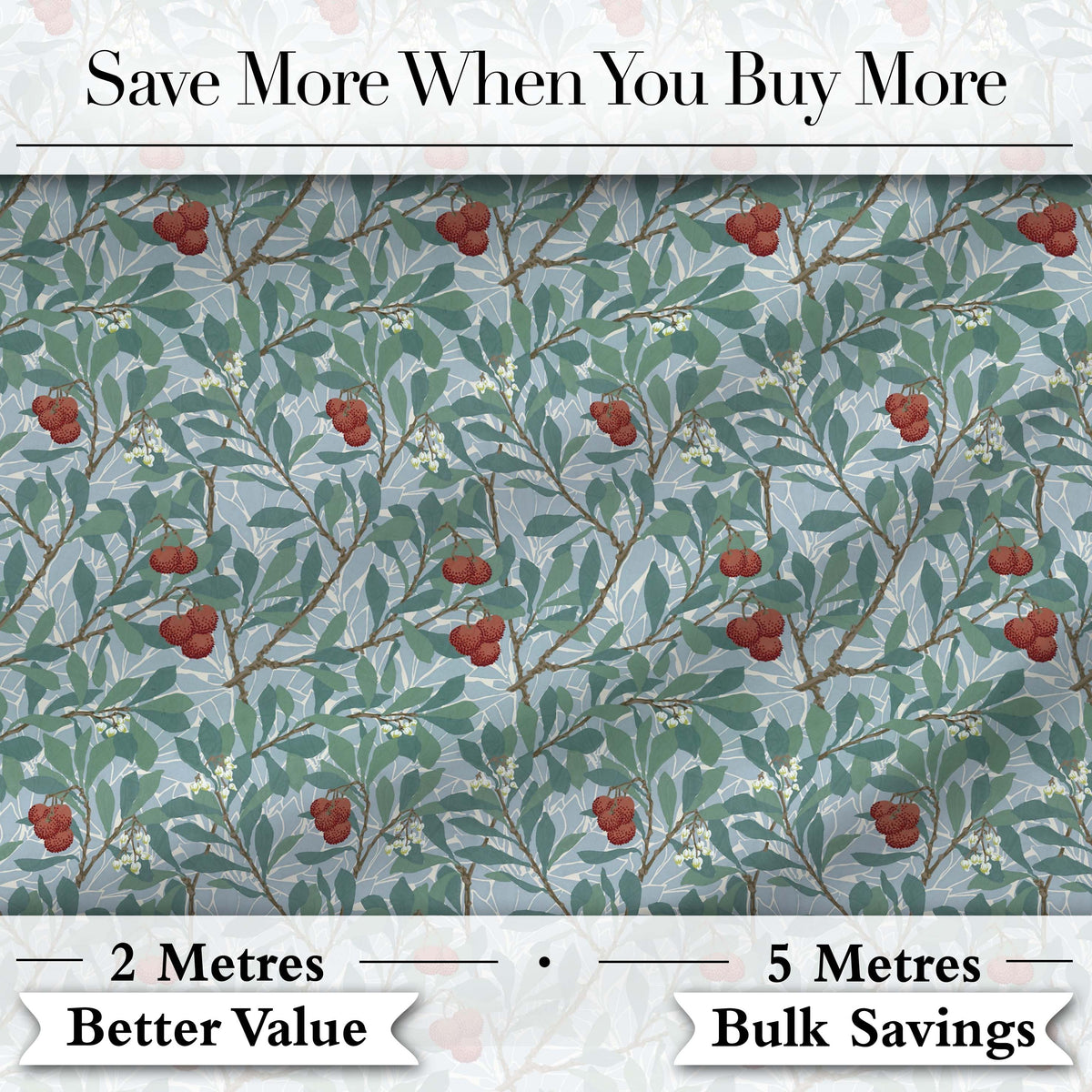 Botanical Branches with Red Berries and Leaves Seamless Pattern Digital Print Fabric by the Metre UK Sewing Quilting Textile
