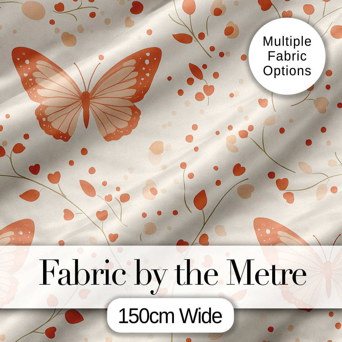 Soft Butterfly with Floral Hearts Neutral Seamless Pattern Digital Print Fabric by the Metre UK Sewing Quilting Textile