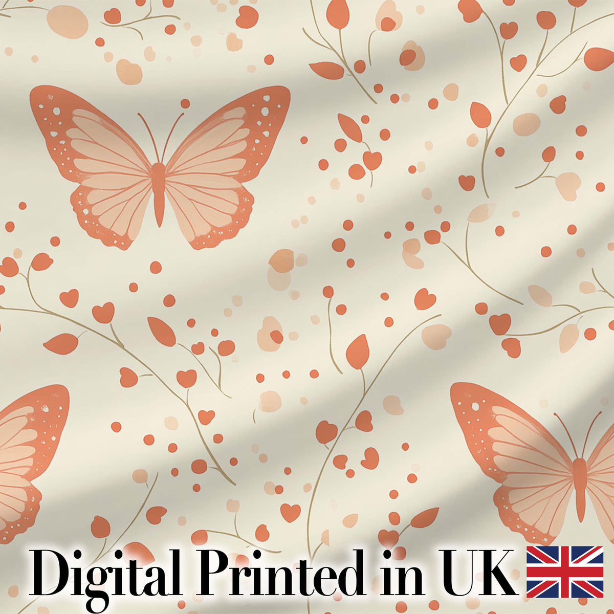 Soft Butterfly with Floral Hearts Neutral Seamless Pattern Digital Print Fabric by the Metre UK Sewing Quilting Textile