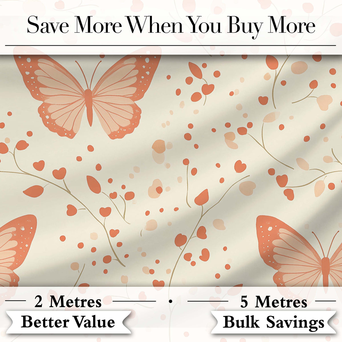 Soft Butterfly with Floral Hearts Neutral Seamless Pattern Digital Print Fabric by the Metre UK Sewing Quilting Textile