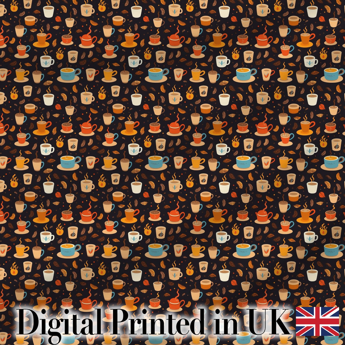 Cute Coffee Cups with Leaves and Steam Cozy Seamless Pattern Digital Print Fabric by the Metre UK Sewing Quilting Textile