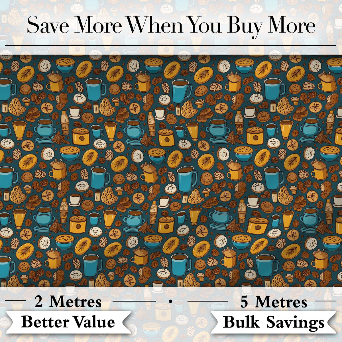 Coffee Beans Cups and Pastries Illustrated Seamless Pattern Digital Print Fabric by the Metre UK Sewing Quilting Textile