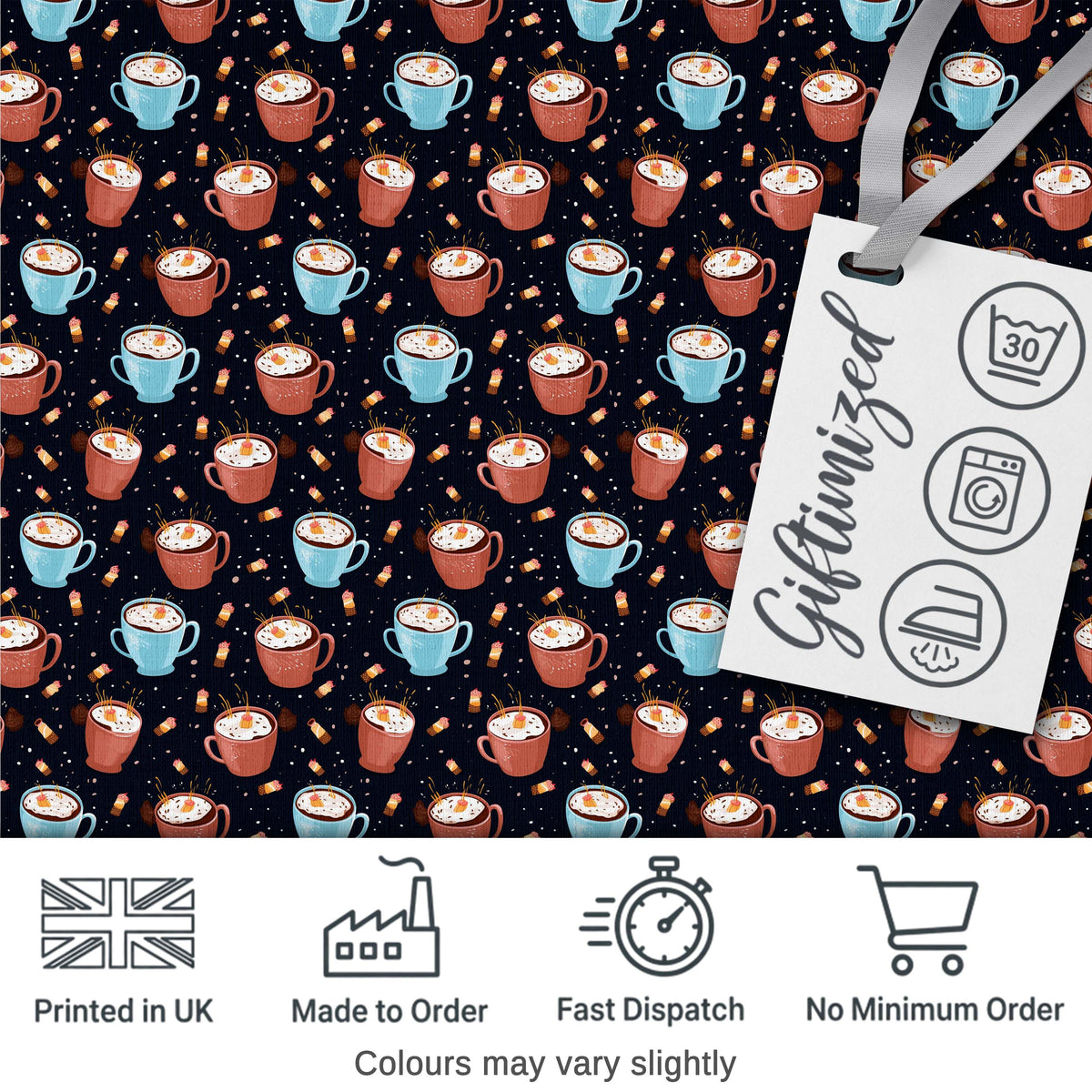 Hot Chocolate Mugs with Marshmallows and Sprinkles Seamless Pattern Digital Print Fabric by the Metre UK Sewing Quilting Textile