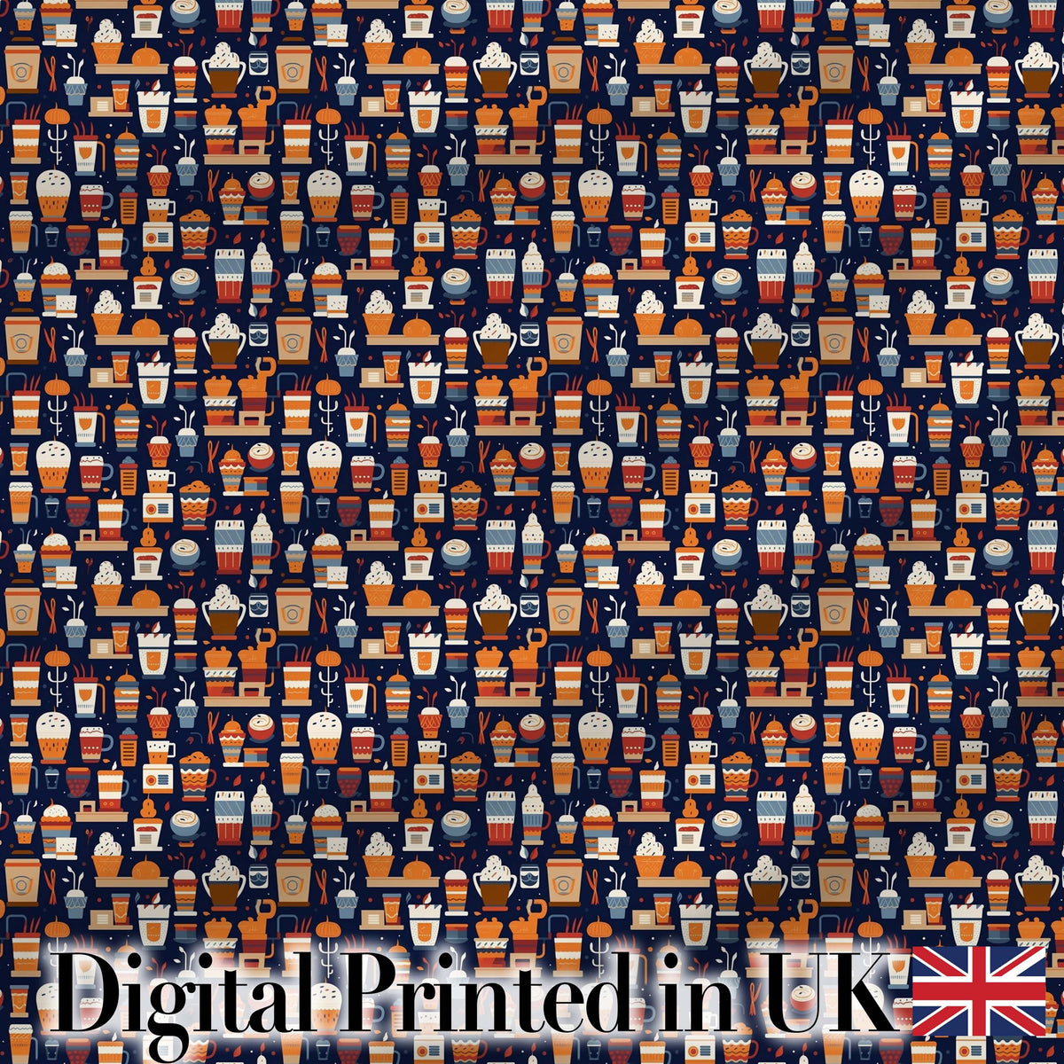 Coffee Shop Equipment Cups and Drinks Icon Style Seamless Pattern Digital Print Fabric by the Metre UK Sewing Quilting Textile