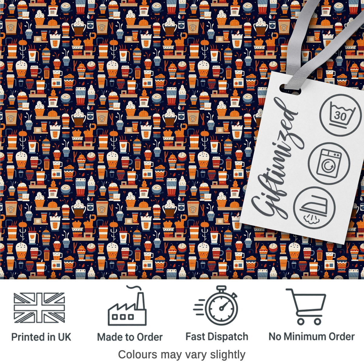 Coffee Shop Equipment Cups and Drinks Icon Style Seamless Pattern Digital Print Fabric by the Metre UK Sewing Quilting Textile