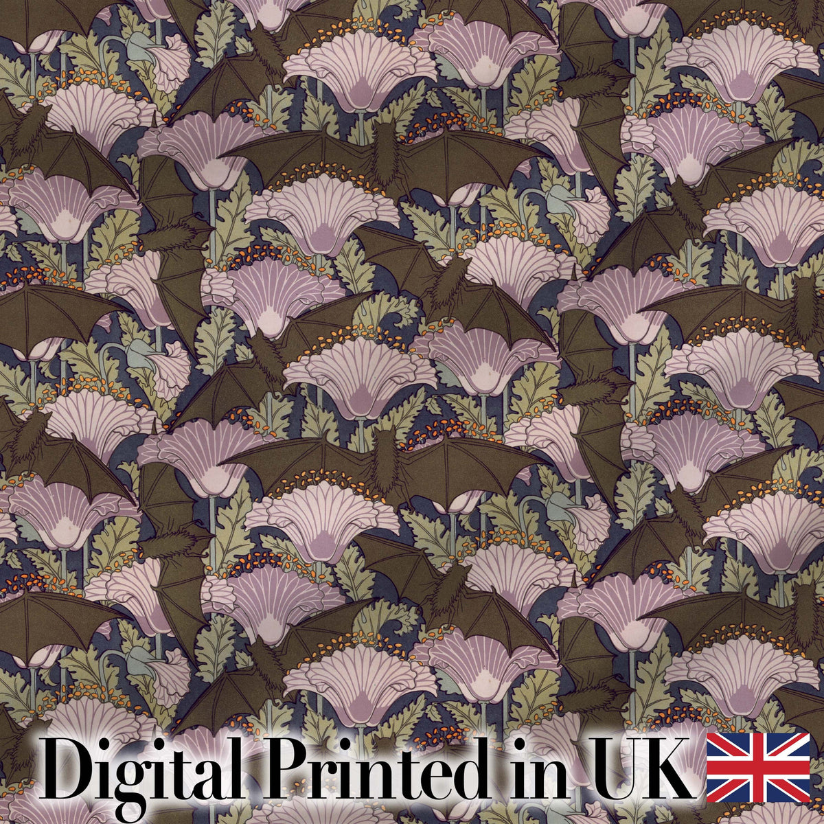 Vintage Bats and Floral Art Nouveau Style Seamless Pattern Digital Print Fabric by the Metre UK Sewing Quilting Textile