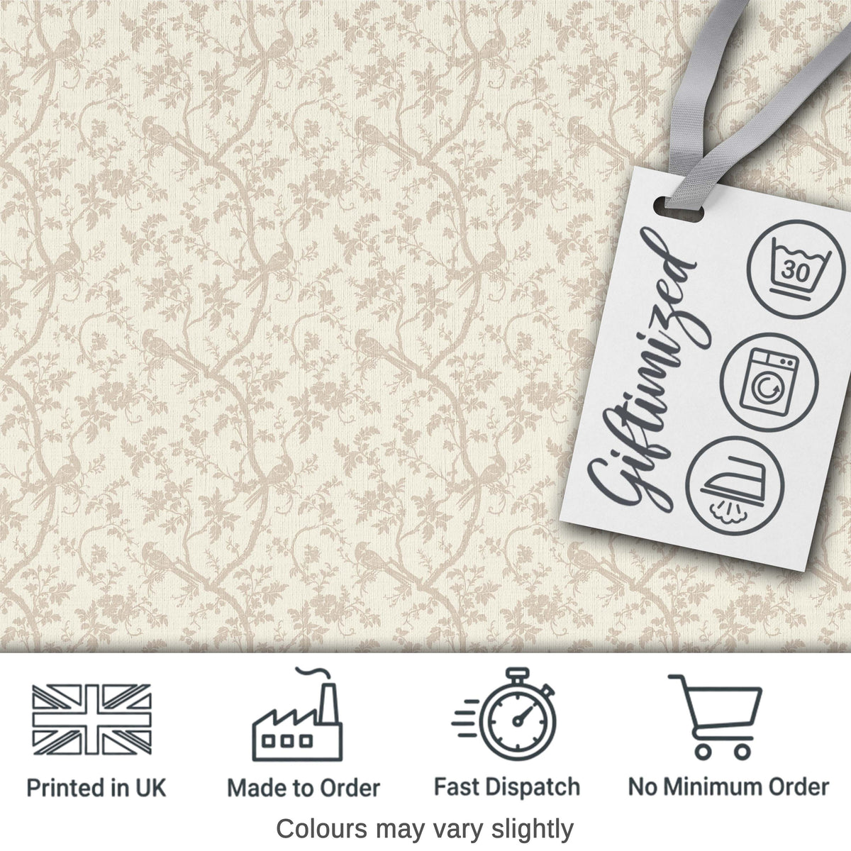 Elegant Birds and Branches Toile Style Seamless Pattern Digital Print Fabric by the Metre UK Sewing Quilting Textile