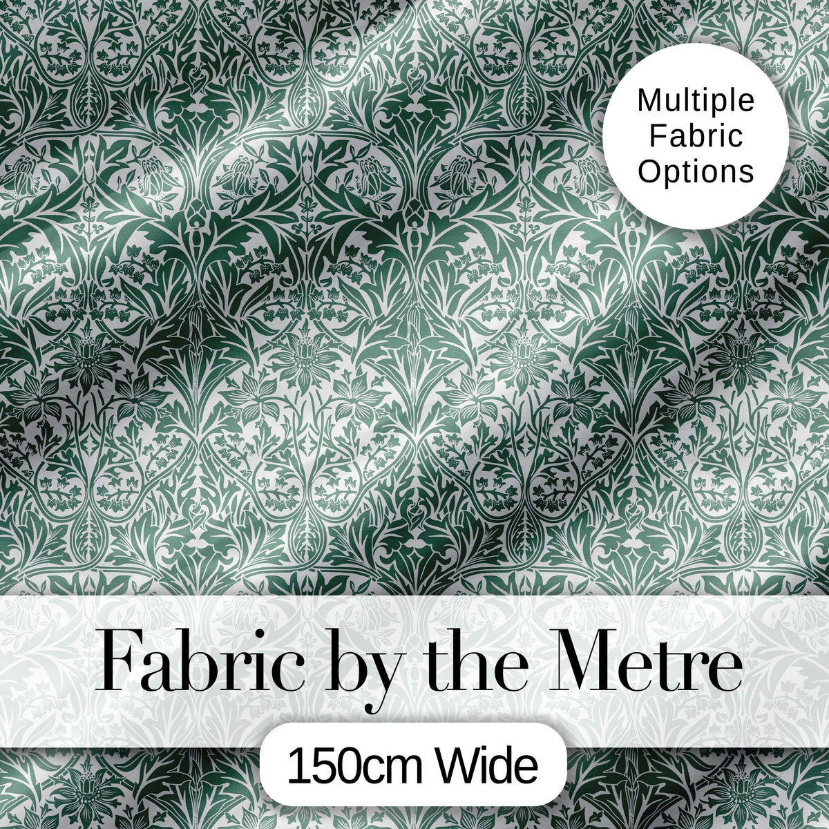 Classic William Morris Style Green Botanical Seamless Pattern Digital Print Fabric by the Metre UK Sewing Quilting Textile