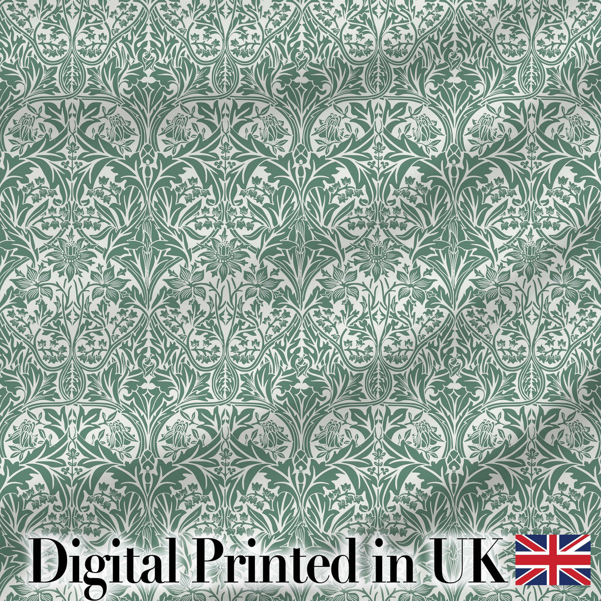 Classic William Morris Style Green Botanical Seamless Pattern Digital Print Fabric by the Metre UK Sewing Quilting Textile