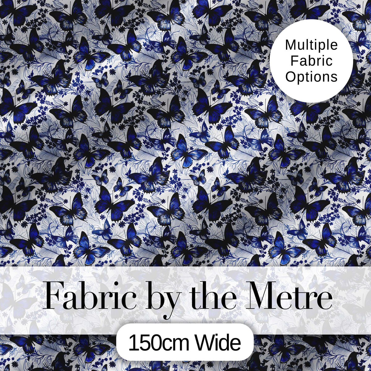 Blue Butterfly Garden Floral Detailed Seamless Pattern Digital Print Fabric by the Metre UK Sewing Quilting Textile