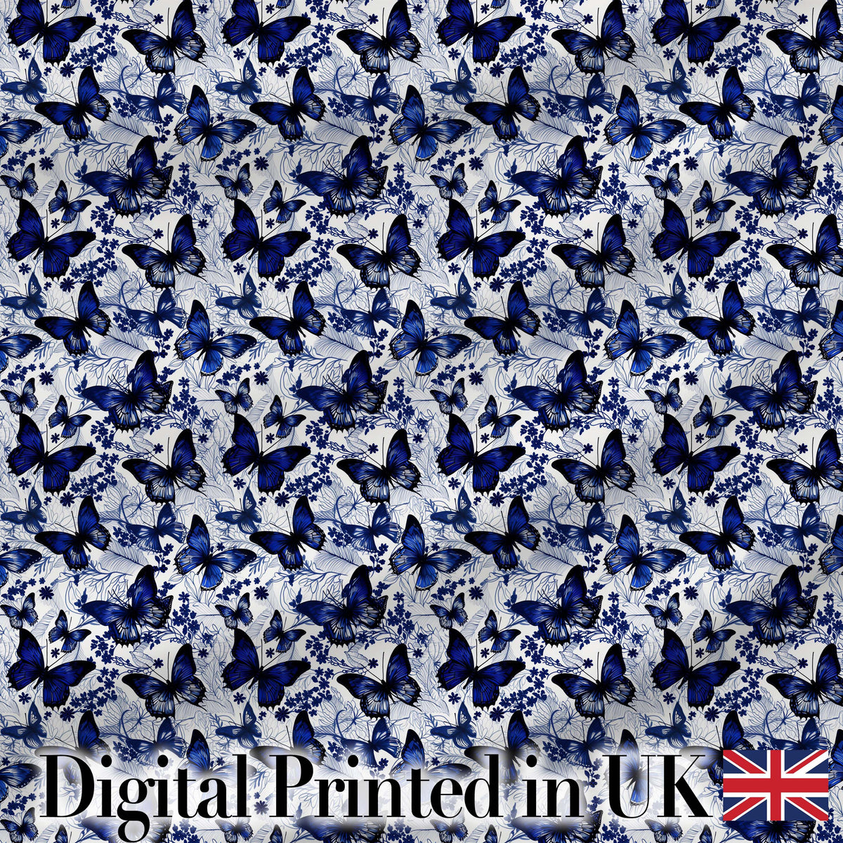 Blue Butterfly Garden Floral Detailed Seamless Pattern Digital Print Fabric by the Metre UK Sewing Quilting Textile