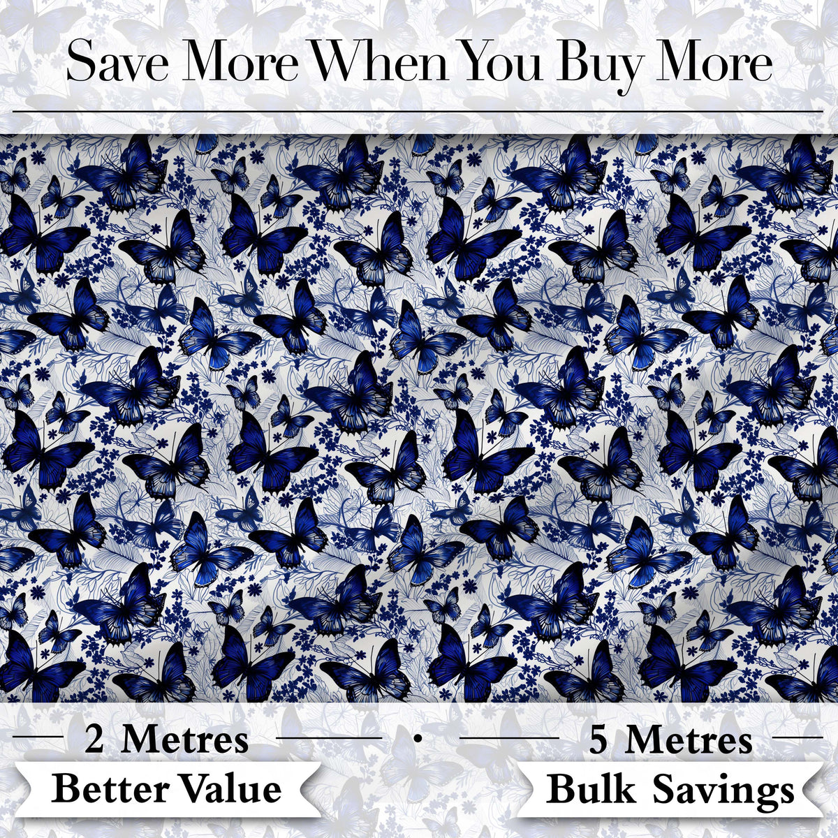 Blue Butterfly Garden Floral Detailed Seamless Pattern Digital Print Fabric by the Metre UK Sewing Quilting Textile