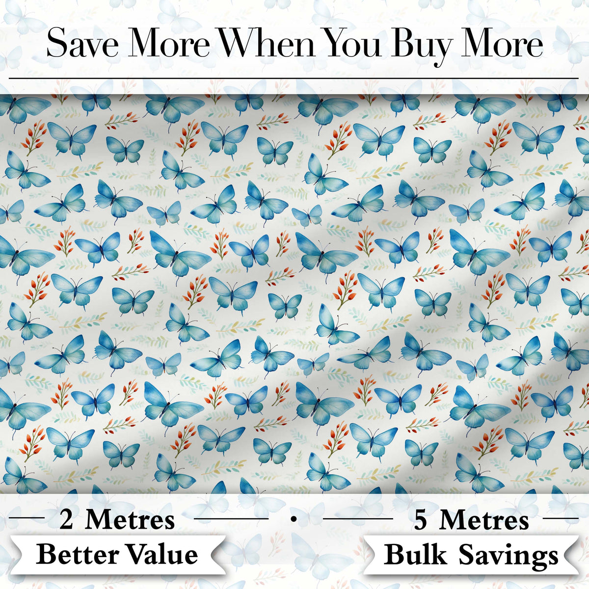Blue Butterfly Watercolor Floral Delicate Seamless Pattern Digital Print Fabric by the Metre UK Sewing Quilting Textile