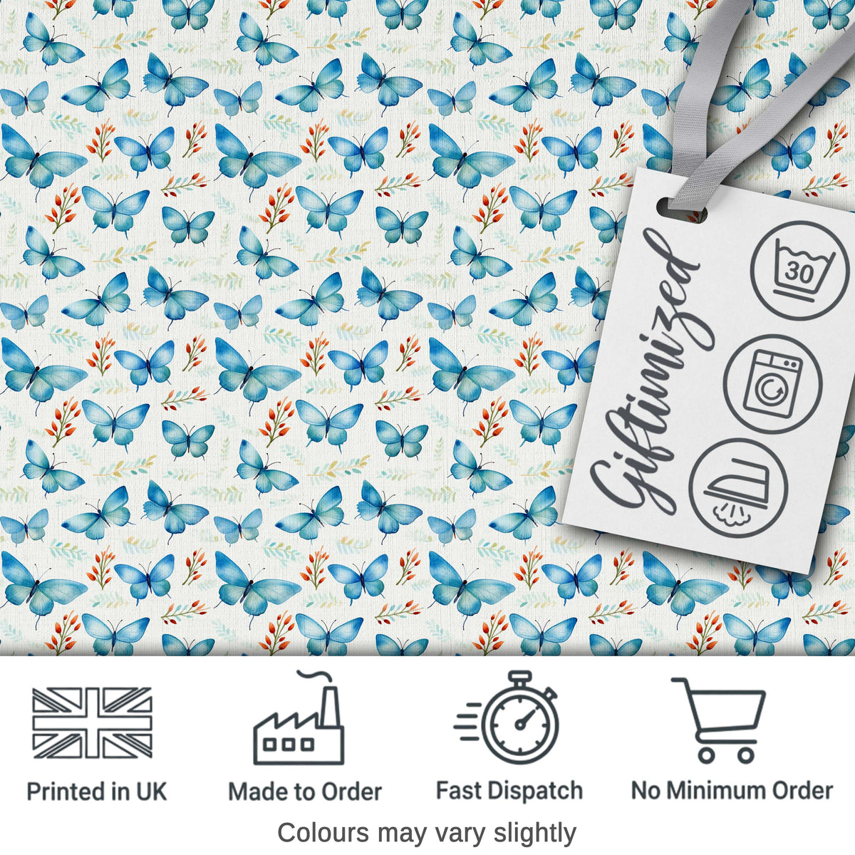 Blue Butterfly Watercolor Floral Delicate Seamless Pattern Digital Print Fabric by the Metre UK Sewing Quilting Textile