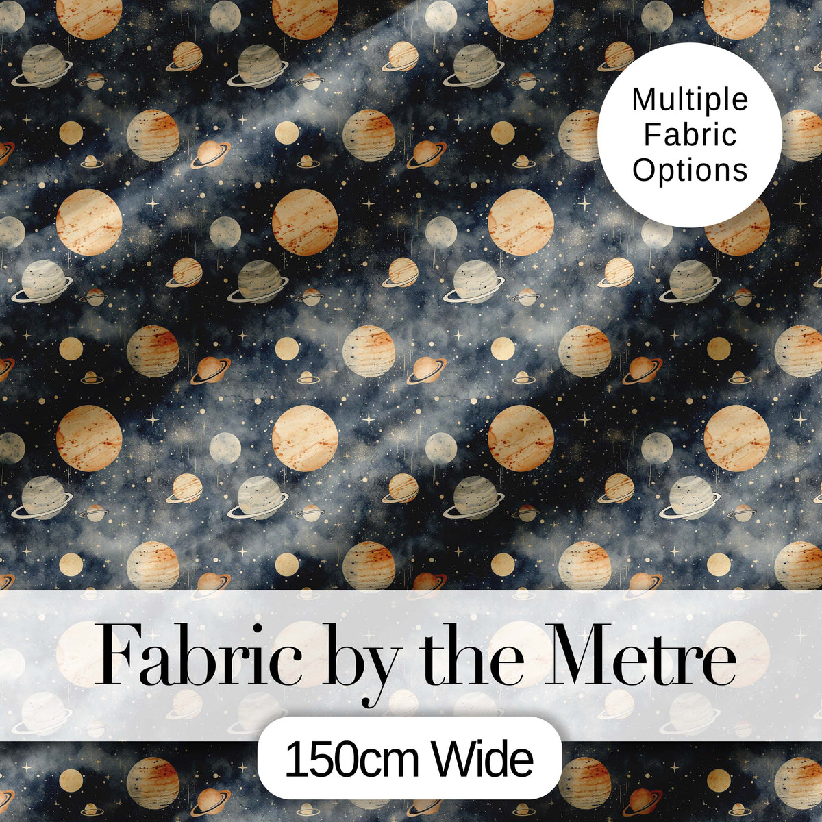 Watercolor Planets Galaxy Space Theme Seamless Pattern Digital Print Fabric by the Metre UK Sewing Quilting Textile