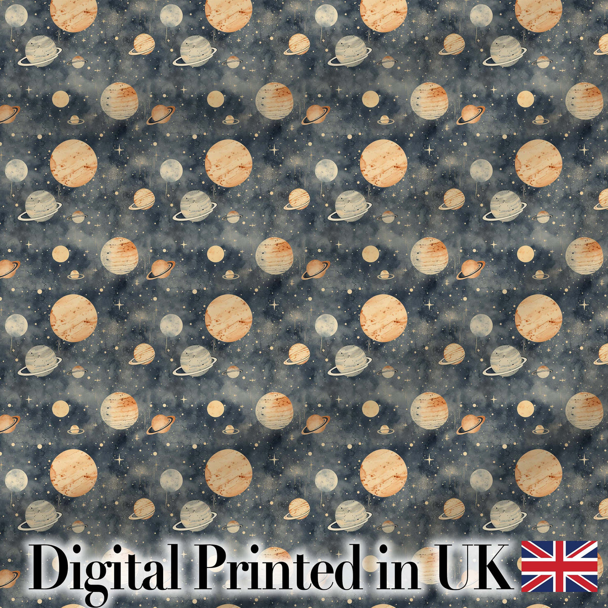 Watercolor Planets Galaxy Space Theme Seamless Pattern Digital Print Fabric by the Metre UK Sewing Quilting Textile