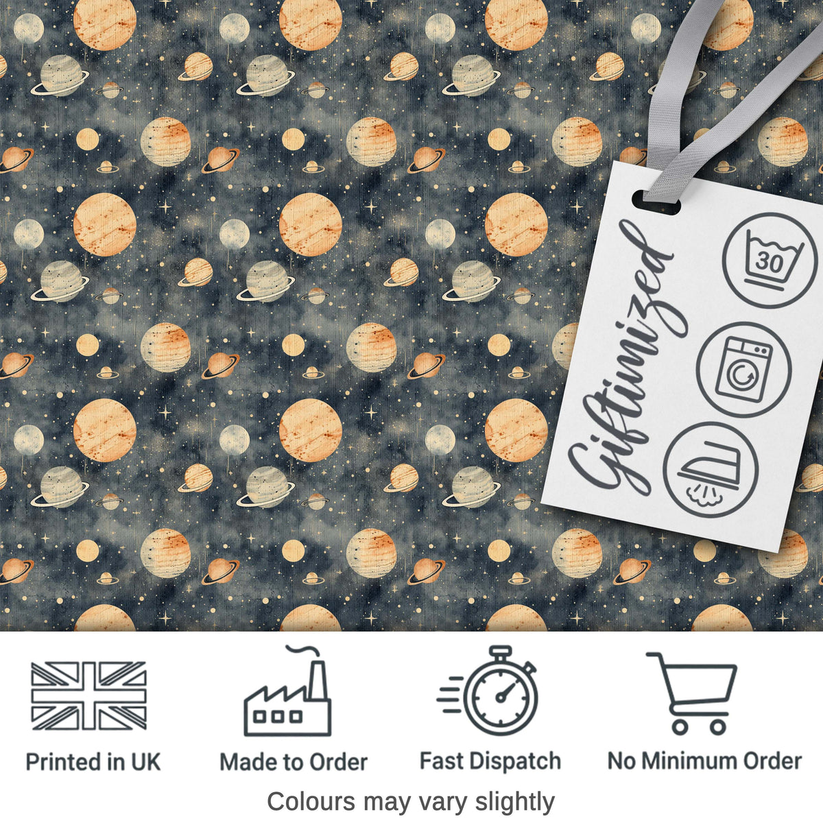 Watercolor Planets Galaxy Space Theme Seamless Pattern Digital Print Fabric by the Metre UK Sewing Quilting Textile