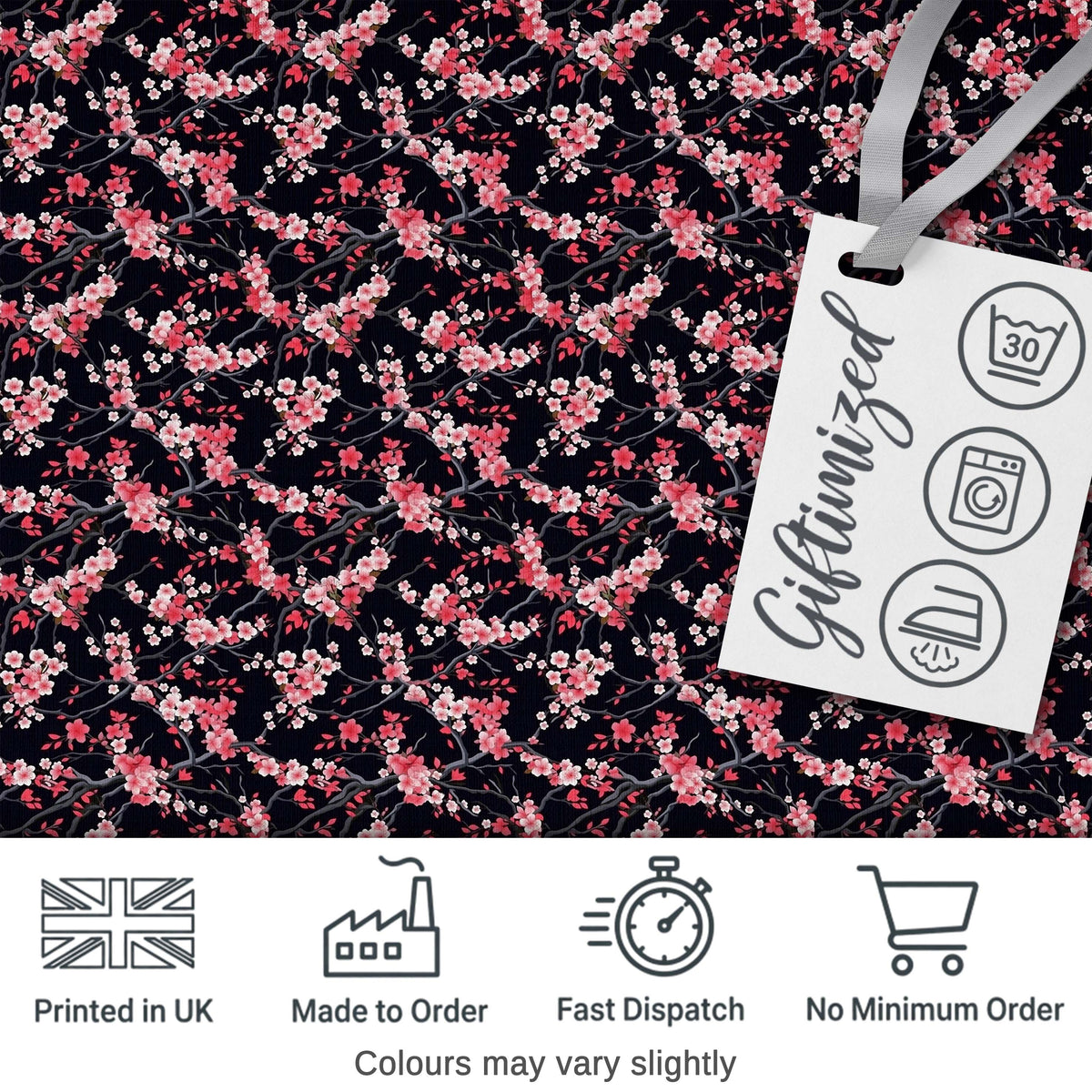 Japanese Sakura Blossom Branches Dark Elegant Seamless Pattern Digital Print Fabric by the Metre UK Sewing Quilting Textile