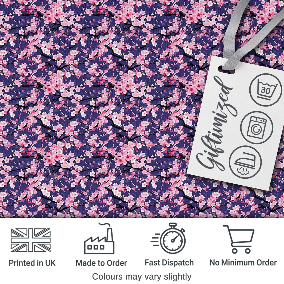 Pink Cherry Blossom Branches Purple Background Seamless Pattern Digital Print Fabric by the Metre UK Sewing Quilting Textile