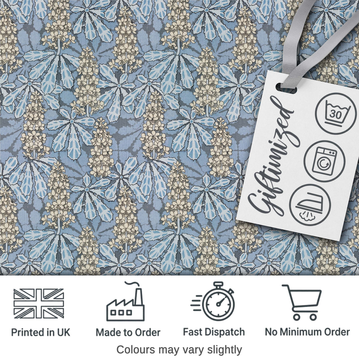 Vintage Botanical Leaf Floral Blue Tone Seamless Pattern Digital Print Fabric by the Metre UK Sewing Quilting Textile