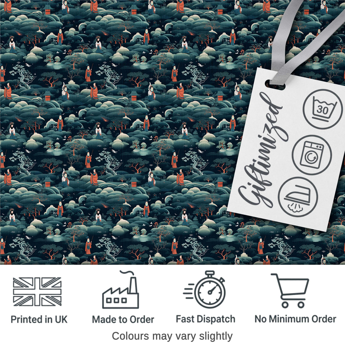 Japanese Landscape Scene with Figures and Trees Seamless Pattern Digital Print Fabric by the Metre UK Sewing Quilting Textile