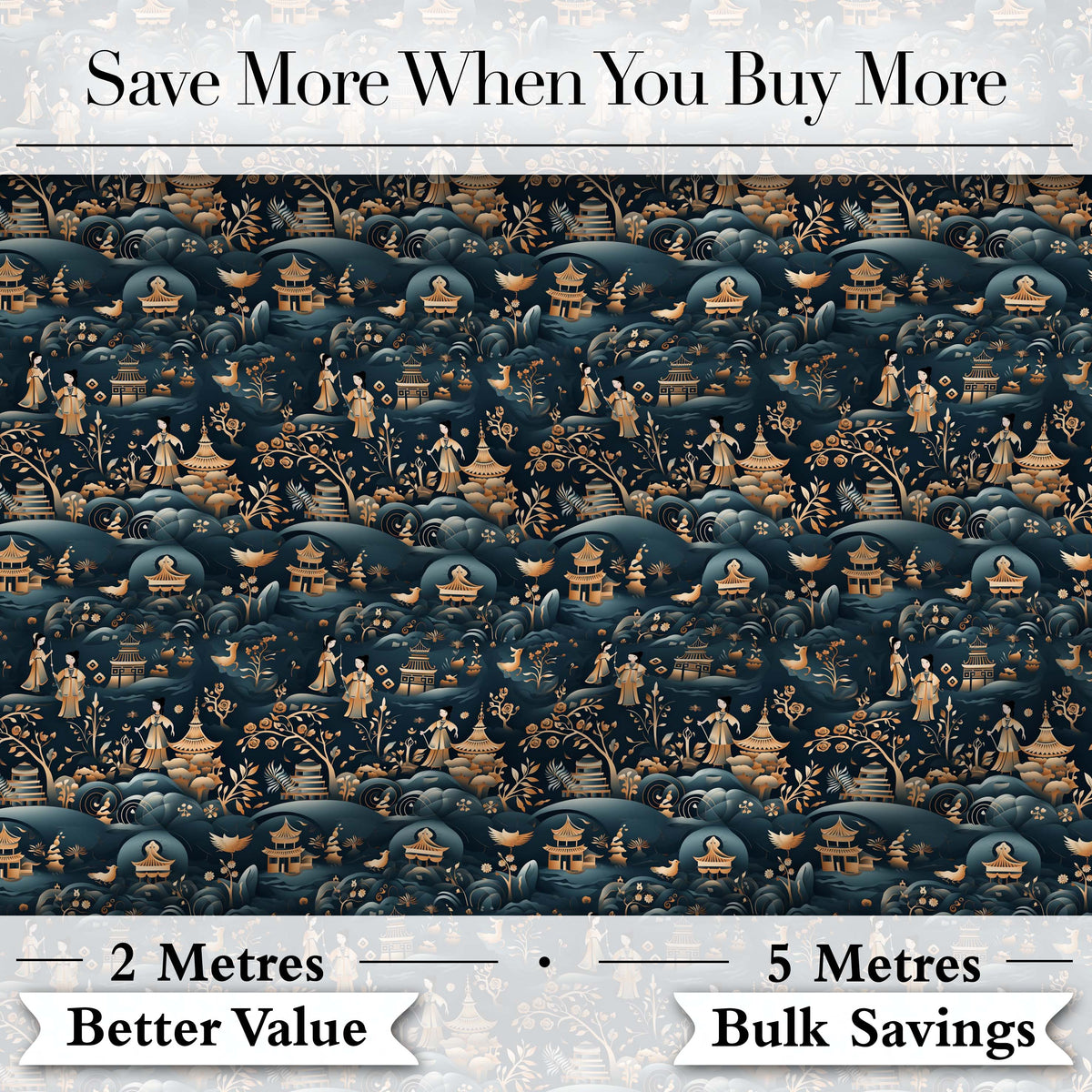 Elegant Asian Garden with Pagodas and Figures Seamless Pattern Digital Print Fabric by the Metre UK Sewing Quilting Textile