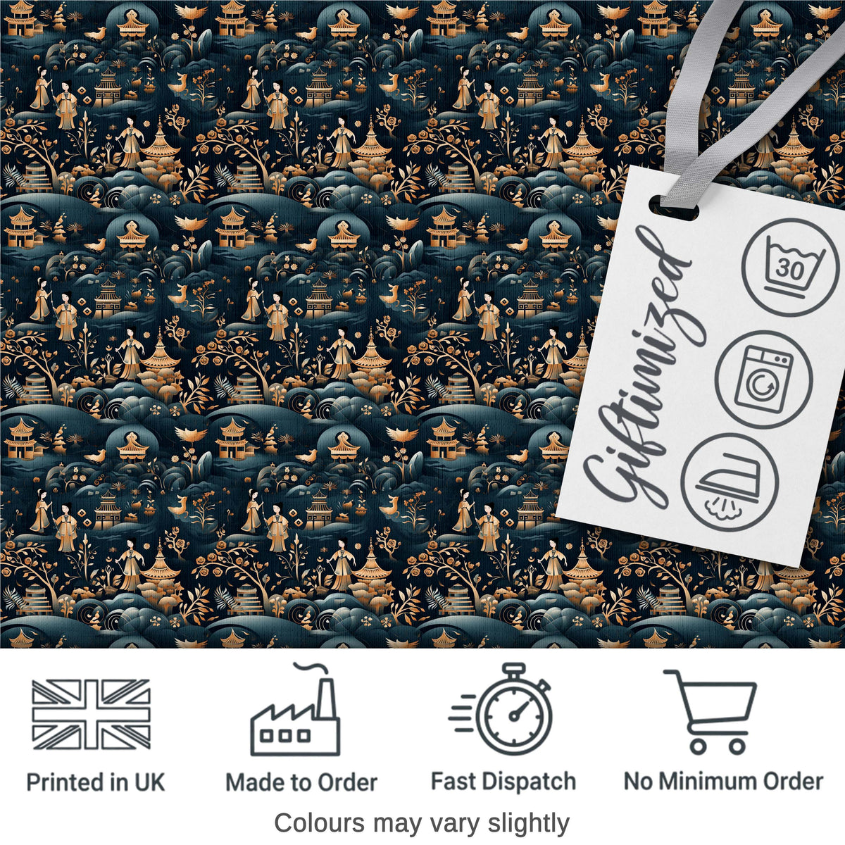 Elegant Asian Garden with Pagodas and Figures Seamless Pattern Digital Print Fabric by the Metre UK Sewing Quilting Textile