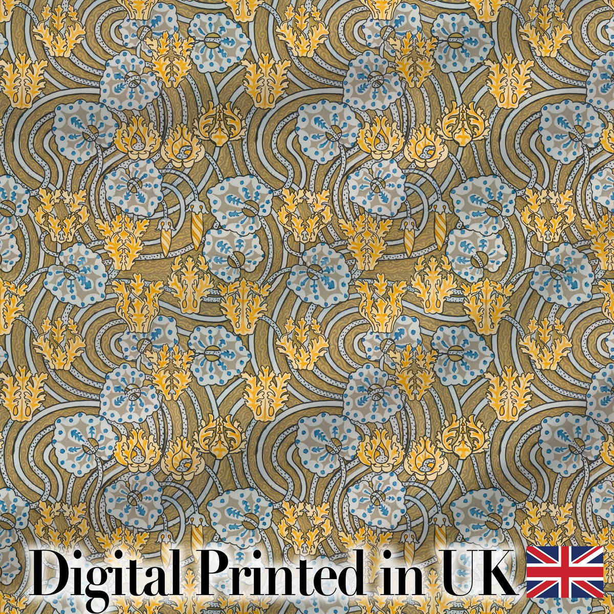 Ornate Vintage Floral Swirl Pattern with Yellow Blue Details Seamless Pattern Digital Print Fabric by the Metre UK Sewing Quilting Textile