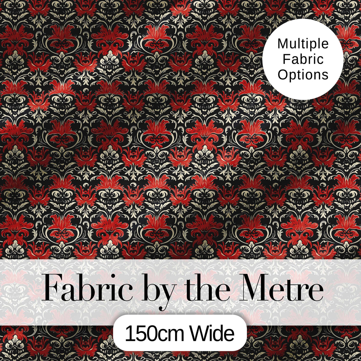 Elegant Black Background Red Floral Baroque Damask Seamless Pattern Digital Print Fabric by the Metre UK Sewing Quilting Textile