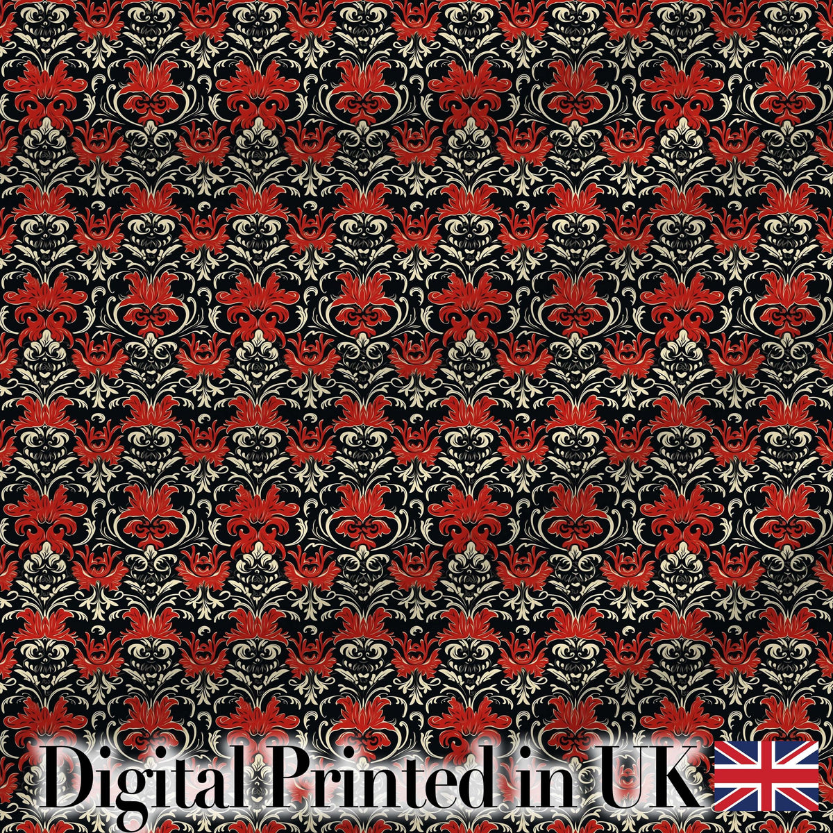 Elegant Black Background Red Floral Baroque Damask Seamless Pattern Digital Print Fabric by the Metre UK Sewing Quilting Textile
