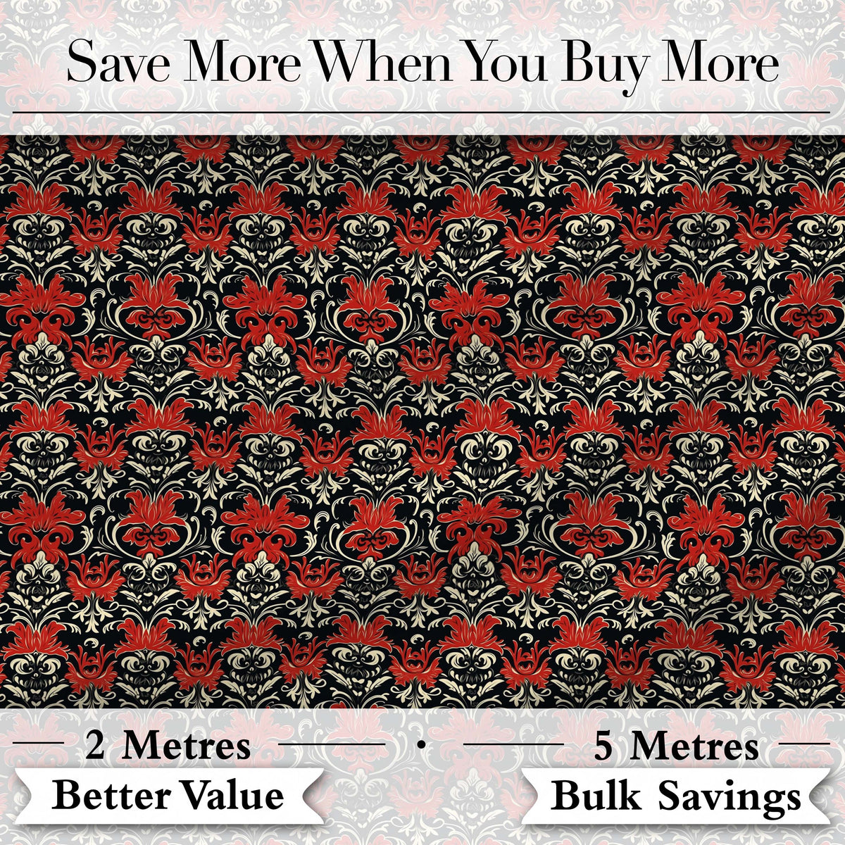 Elegant Black Background Red Floral Baroque Damask Seamless Pattern Digital Print Fabric by the Metre UK Sewing Quilting Textile