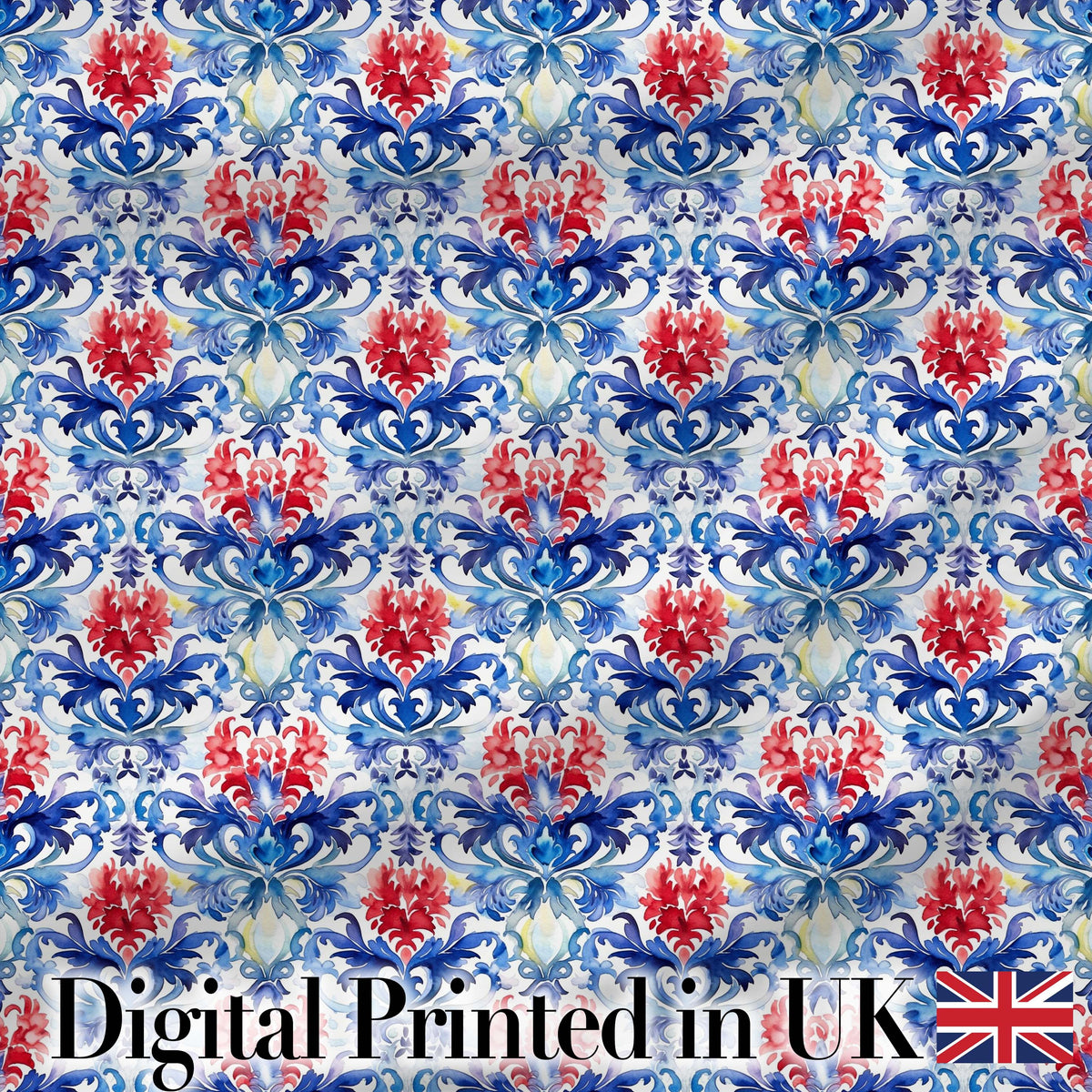 Elegant Blue and Red Watercolor Floral Damask Seamless Pattern Digital Print Fabric by the Metre UK Sewing Quilting Textile